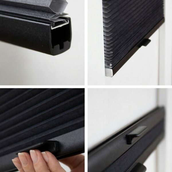 Plissegardin BASIC med grepbetjening i topp og bunn dobbel duk detalj