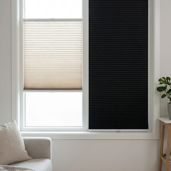 Plissegardin BASIC med grepbetjening i topp og bunn dobbel duk inspirasjon